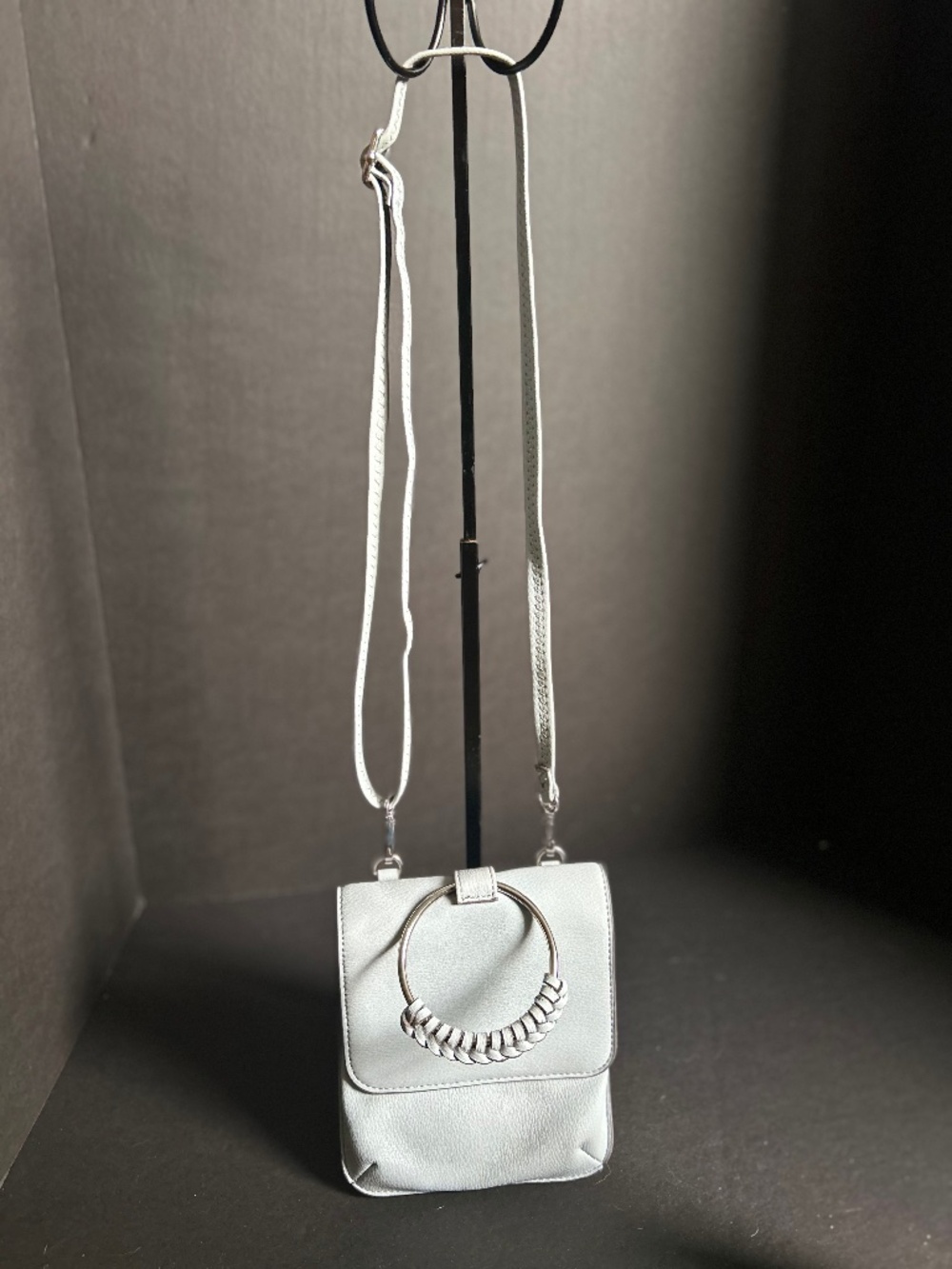Light Blue Mini Crossbody Bag with Silver Ring Handle | Modern Crossbody Purse